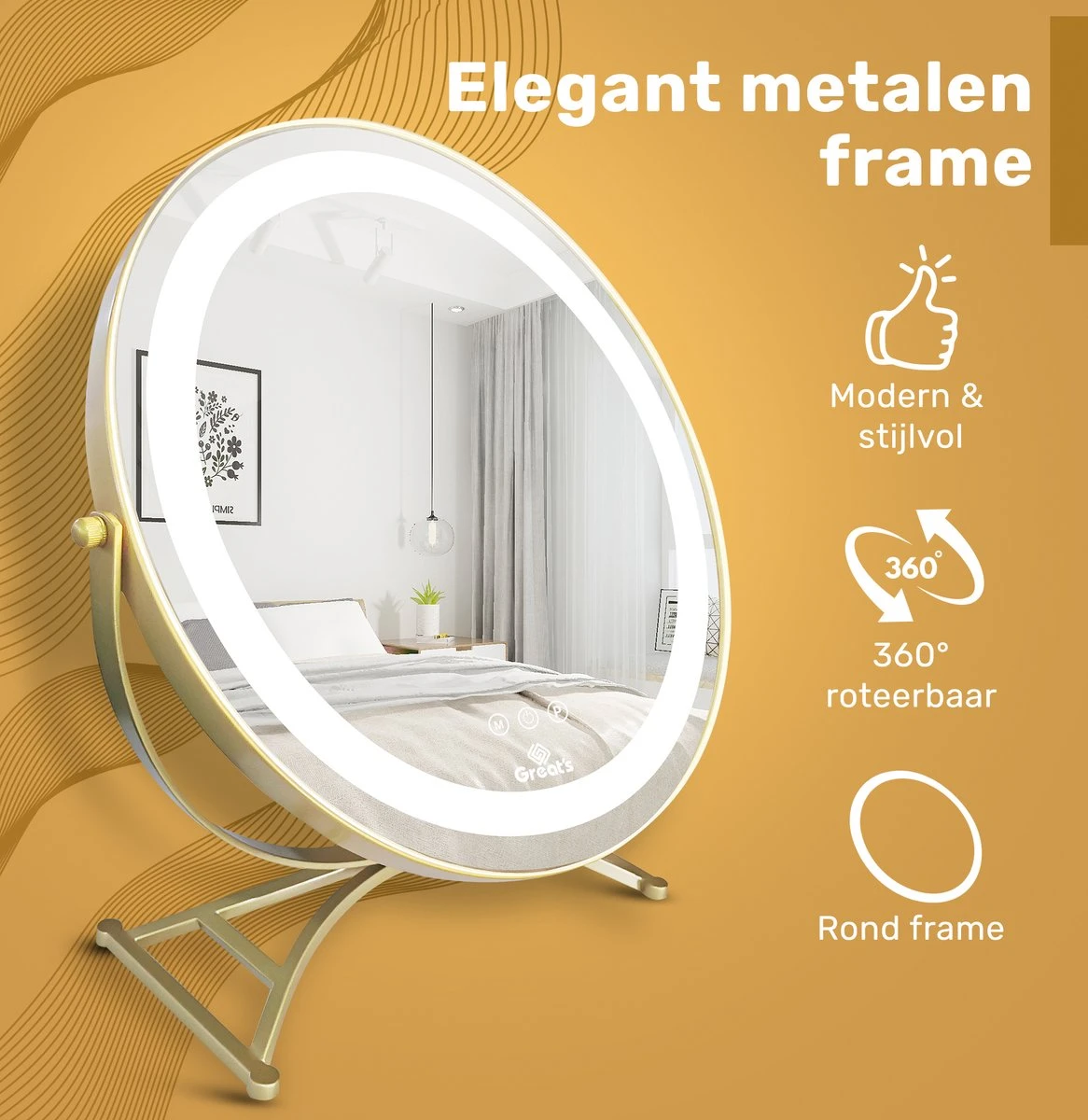 Great's® Make Up Spiegel Met LED Verlichting - ⌀ 40cm - Visagie Spiegel Rond - Extra Close Up Spiegeltje 10x - Goud 2 Great's® Make Up Spiegel Met LED Verlichting - ⌀ 40cm - Visagie Spiegel Rond - Extra Close Up Spiegeltje 10x - Goud - Afbeelding 2
