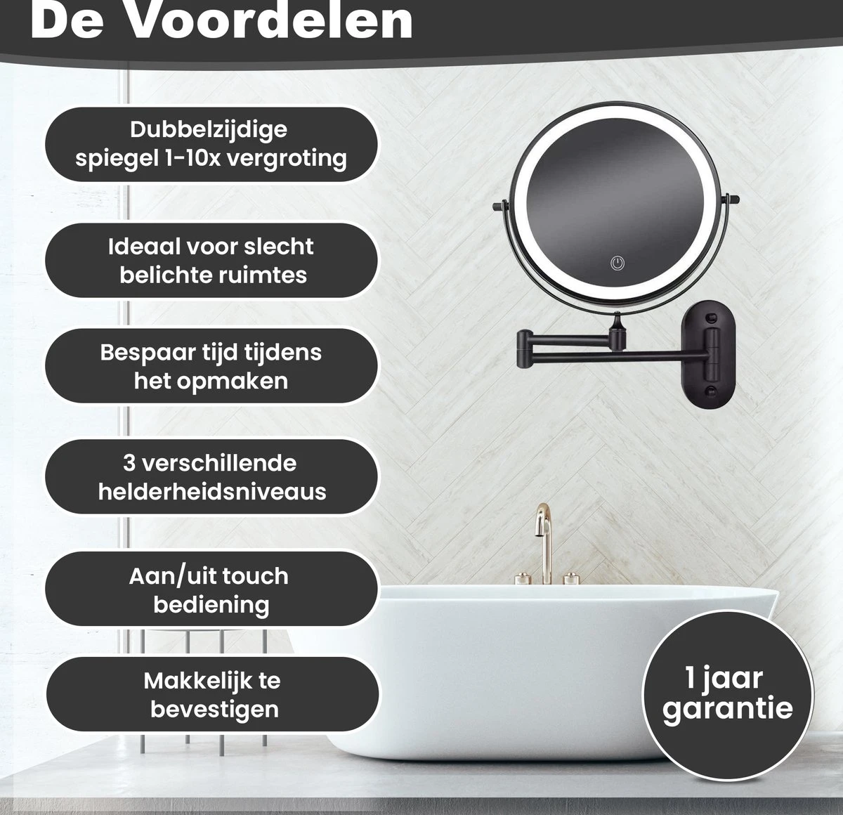 Make Up - Spiegel - Led Verlichting - 10X Vergroting - 3 Lichtstanden - Wandspiegel Rond - Badkamer - Mat Zwart - Draadloos 7 Make Up - Spiegel - Led Verlichting - 10X Vergroting - 3 Lichtstanden - Wandspiegel Rond - Badkamer - Mat Zwart - Draadloos - Afbeelding 7