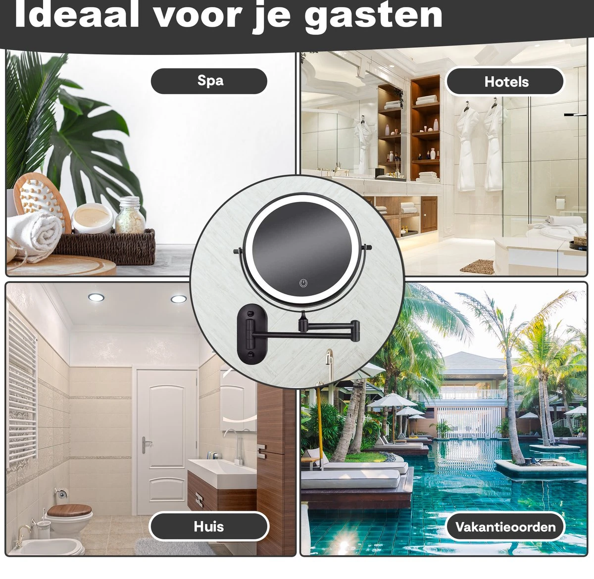 Make Up - Spiegel - Led Verlichting - 10X Vergroting - 3 Lichtstanden - Wandspiegel Rond - Badkamer - Mat Zwart - Draadloos 9 Make Up - Spiegel - Led Verlichting - 10X Vergroting - 3 Lichtstanden - Wandspiegel Rond - Badkamer - Mat Zwart - Draadloos - Afbeelding 9