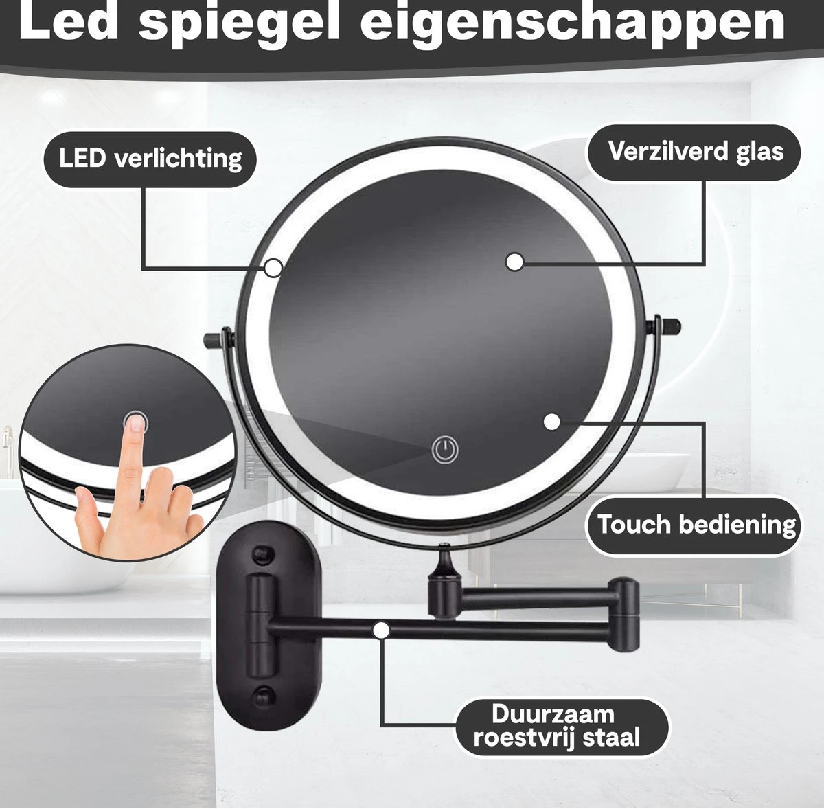 Make Up - Spiegel - Led Verlichting - 10X Vergroting - 3 Lichtstanden - Wandspiegel Rond - Badkamer - Mat Zwart - Draadloos 5 Make Up - Spiegel - Led Verlichting - 10X Vergroting - 3 Lichtstanden - Wandspiegel Rond - Badkamer - Mat Zwart - Draadloos - Afbeelding 5