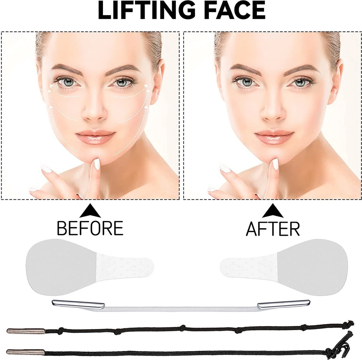 Facelift Tape - Face Tape - Gezicht Tape - Face Tape Lift - Beauty Tape - Facelift Tape Met Elastiek - 40 Stickers + 3 Verschillende Touwtjes 2 Facelift Tape - Face Tape - Gezicht Tape - Face Tape Lift - Beauty Tape - Facelift Tape Met Elastiek - 40 Stickers + 3 Verschillende Touwtjes - Afbeelding 2