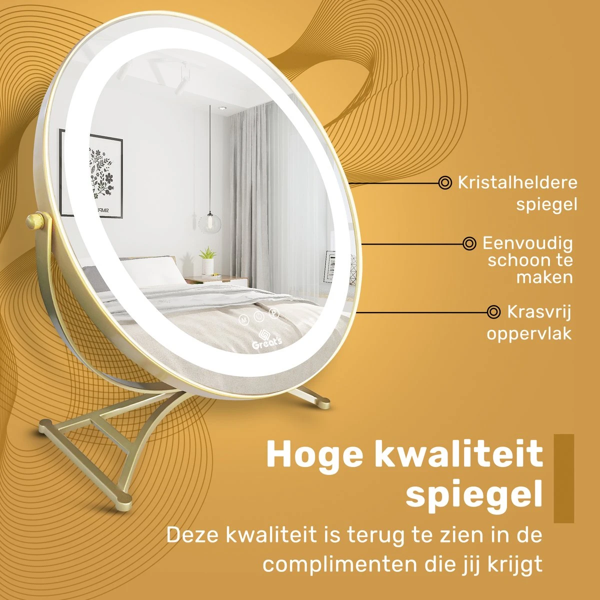 Great's® Make Up Spiegel Met LED Verlichting - ⌀ 40cm - Visagie Spiegel Rond - Extra Close Up Spiegeltje 10x - Goud 5 Great's® Make Up Spiegel Met LED Verlichting - ⌀ 40cm - Visagie Spiegel Rond - Extra Close Up Spiegeltje 10x - Goud - Afbeelding 5