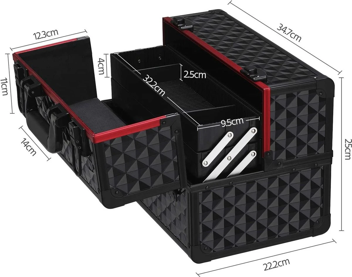 Make-upkoffer, Kapperskoffer, Cosmeticakoffer, Lege Nagelkoffer, Multikoffer, Afsluitbaar Voor Nageldesign/massageolie/fotoapparatuur, 34,7 X 22,2 X 25 Cm , Volledig Zwart HM-YAHEE-411233 7 Make-upkoffer, Kapperskoffer, Cosmeticakoffer, Lege Nagelkoffer, Multikoffer, Afsluitbaar Voor Nageldesign/massageolie/fotoapparatuur, 34,7 X 22,2 X 25 Cm , Volledig Zwart HM-YAHEE-411233 - Afbeelding 7